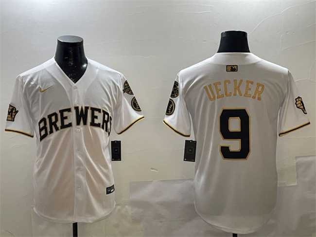 Mens Milwaukee Brewers #9 Bob Uecker White Gold With Home Patch Limited Stitched Jersey->milwaukee brewers->MLB Jersey